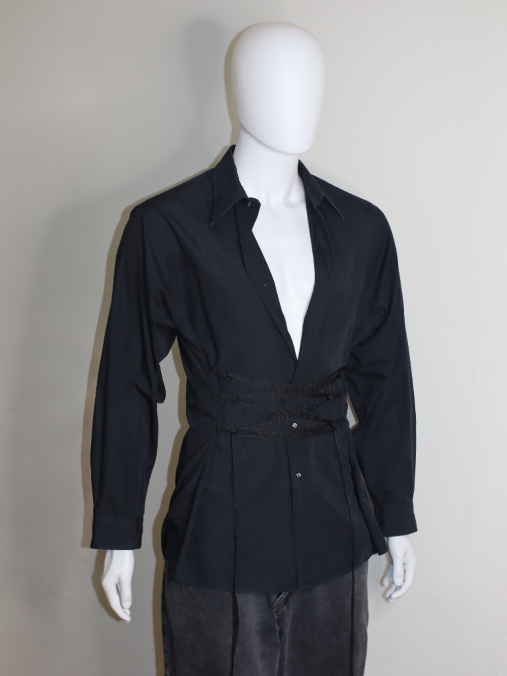 Stylish Upcycled Black Shirt with Shoe Lace Corset Detail